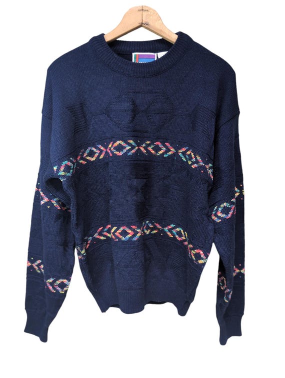 VINTAGE Pull à col rond en tricot graphique aztèque bleu marine du - Main Image