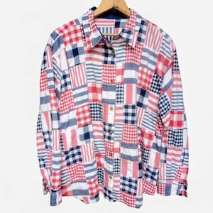 Vintage Madras Cotton Red White Blue  Patchwork Plaid Shirt Women's Size LARGE