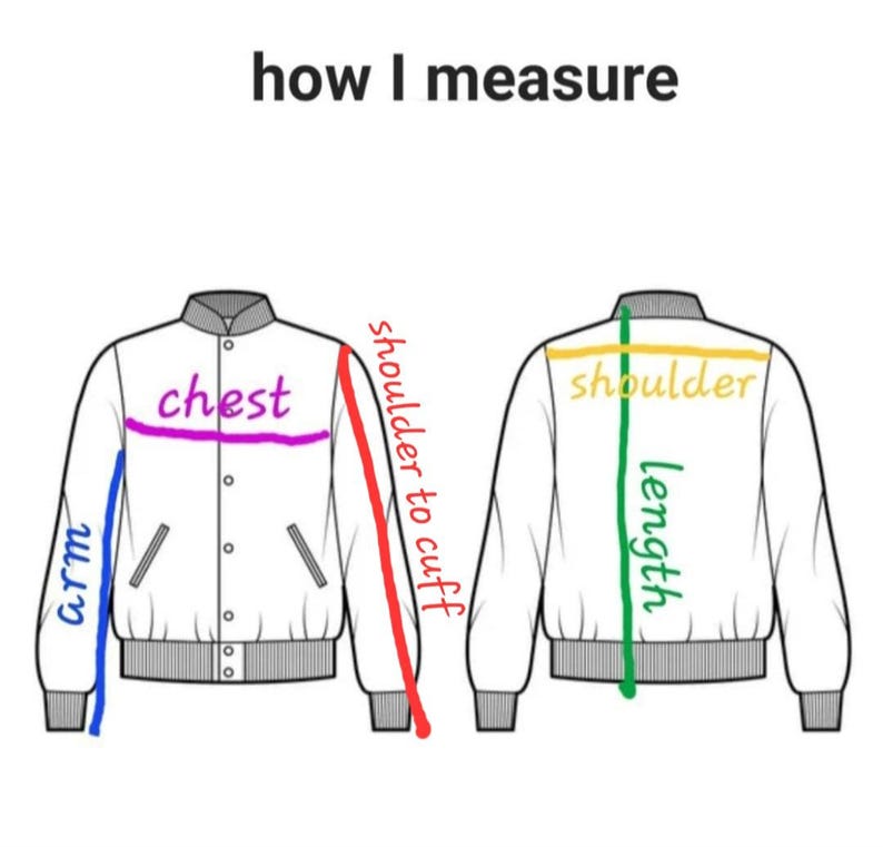 May include: Diagram illustrating how to measure a jacket. The image shows a white jacket from the front and back, with colored lines and text indicating measurement points such as chest, arm, shoulder to cuff, shoulder, and length.