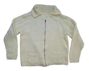 Handgestrickte Oversized Strickjacke aus Wolle mit Reißverschluss vorne, Unisex Creme Ivory Sz XL