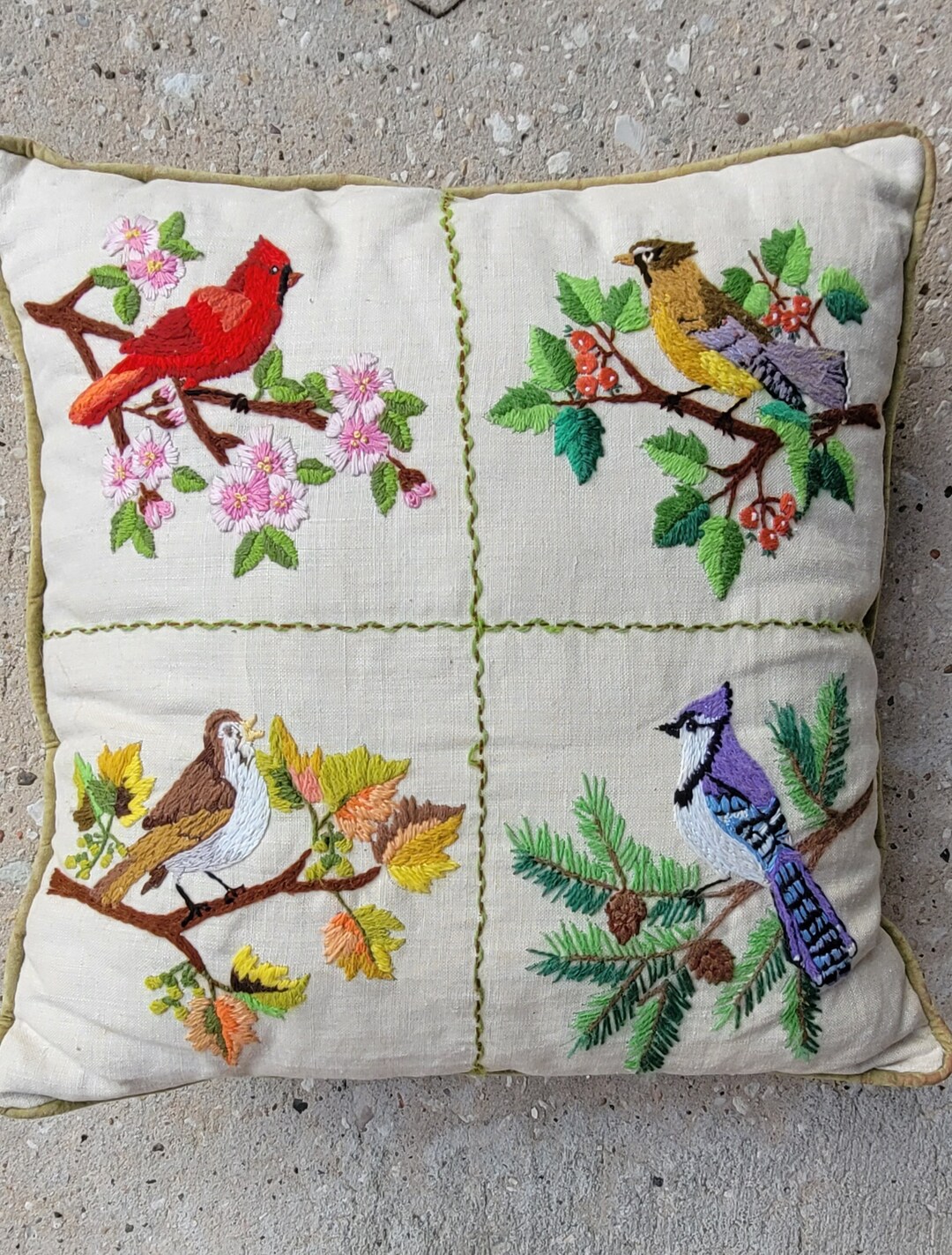 Vintage Crewel Pillow Crewel Artwork Crewel Birds Etsy