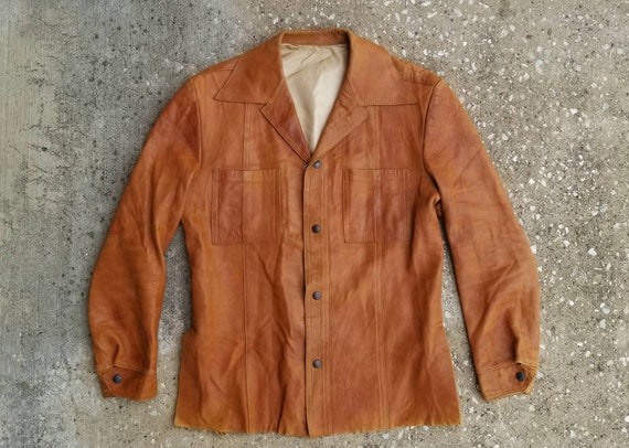 1970's Leather Shirt Jacket, Vintage Brown Leather