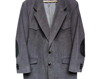 Vintage CCC Western Wear Gray Corduroy Sport Coat Jacket Suede Elbow Patch Men's 44 Reg