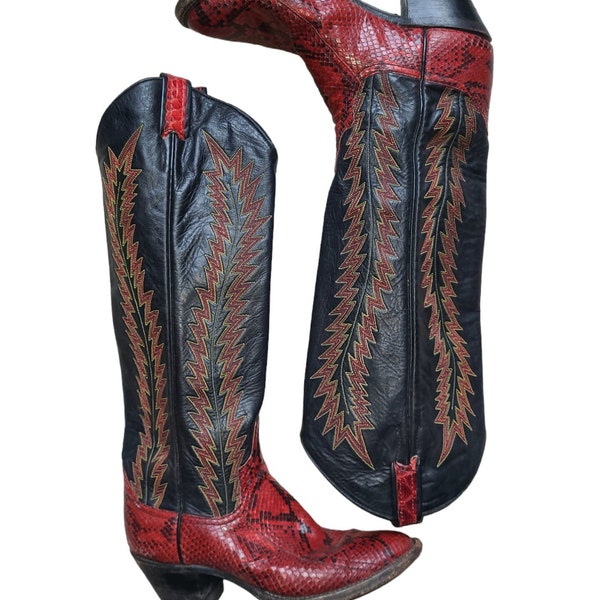 RARE LARRY MAHAN Red Vintage Leather Western Python Snakeskin Cowboy Boots Women's Size 5