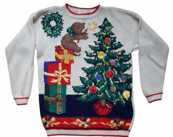 Vintage 90er Jahre handgestrickter mehrfarbiger Weihnachtsbaum Teddybär präsentiert Pullover Damengröße MEDIUM