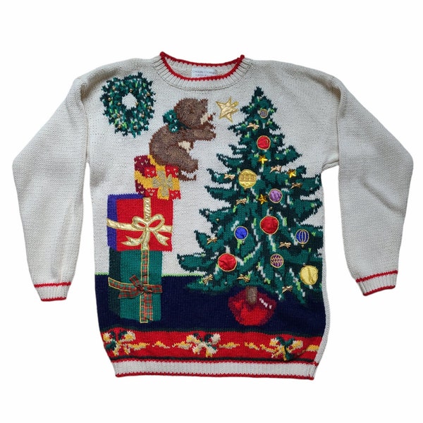 Vintage 90's Hand Knit MultiColor Christmas Tree Teddy Bear Presents Sweater Women's Size MEDIUM