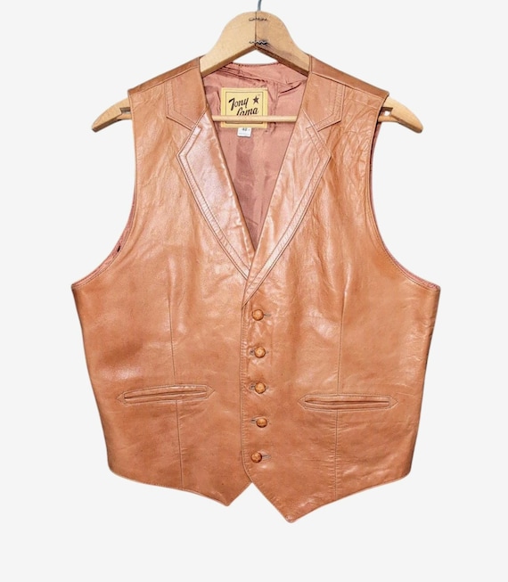 Tony Lama, Vintage 1970's Tony Lama Button Down Sheepskin Leather Vest Brown Men's Size 42
