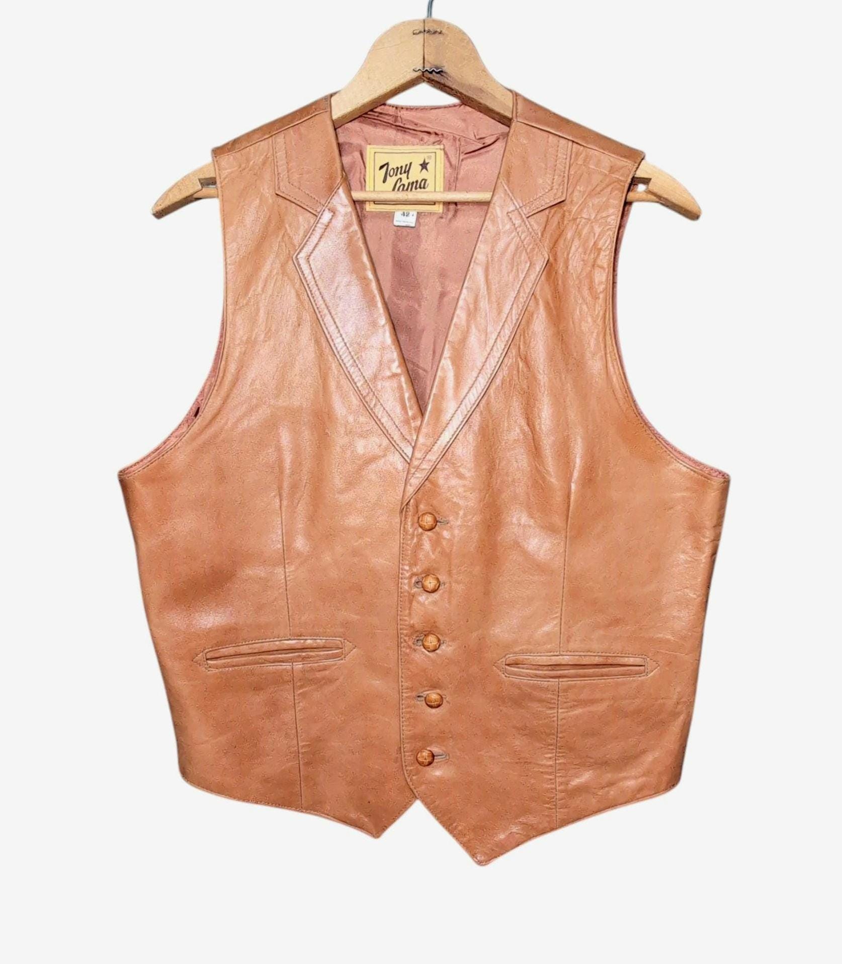 Tony Lama, Vintage 1970's Tony Lama Button Down Sheepskin Leather Vest Brown Men's Size 42