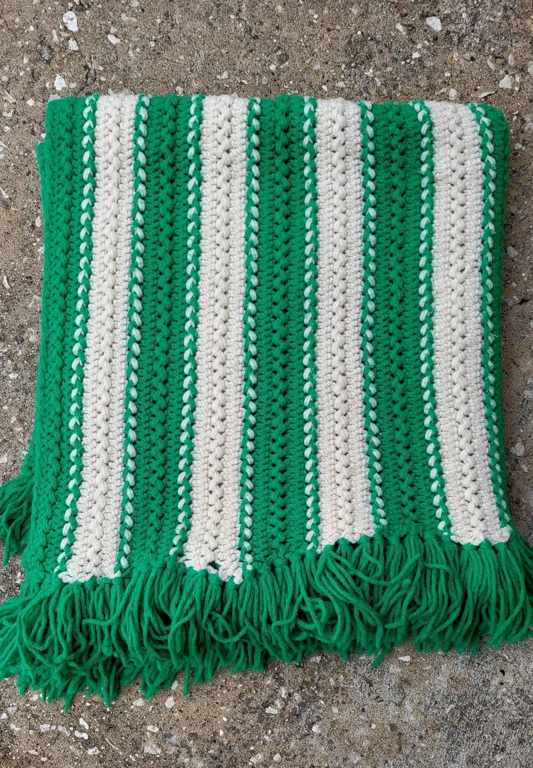 Vintage Crochet Lap Blanket, Green and Cream Hand Knit Blanket Etsy