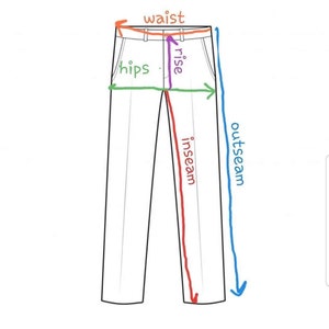 Puede incluir: Diagrama de pantalones que muestra las medidas de cintura, caderas, tiro, entrepierna y costura exterior.