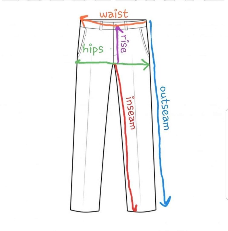 Puede incluir: Diagrama de pantalones que muestra las medidas de cintura, caderas, tiro, entrepierna y costura exterior.