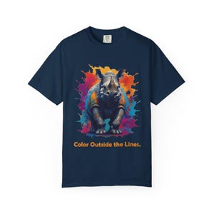 Colorful Rhino Unisex T-Shirt, Creative Art Tee, Color Outside the Lines Shirt, Gift for Animal Lovers, Vibrant Artwork T-Shirt