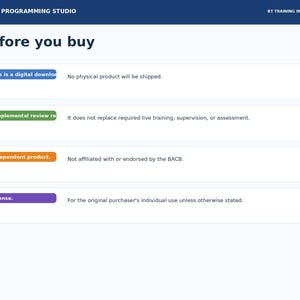 May include: An infographic titled Before you buy from The ABA Programming Studio. It lists four points: This is a digital download, Supplemental review resource, Independent product, and License, each with corresponding explanatory text.