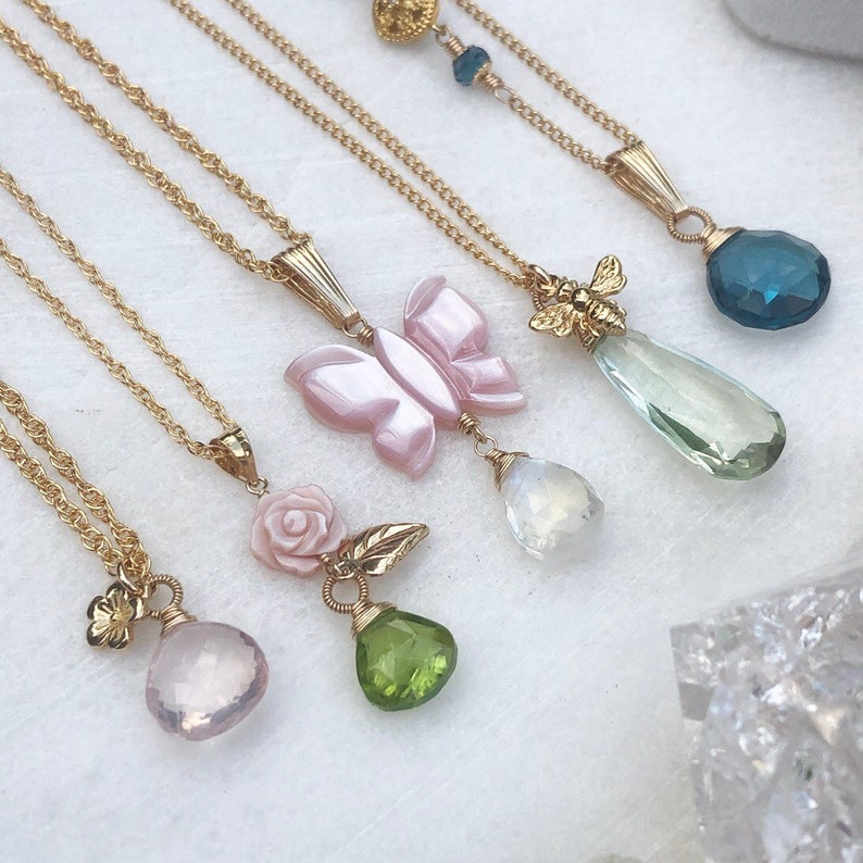 14kt Gold Filled Carved Mother of Pearl Rose Necklace with Peridot Gemstone Drop and Gold Leaf Charm