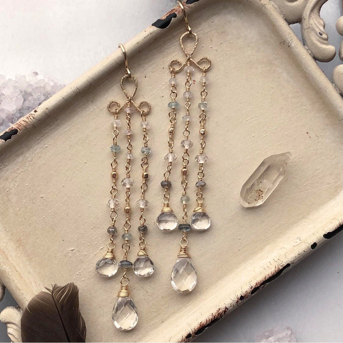 Handmade Bohemian Beaded Gemstone Chandelier Earrings With Rock Handmade Bohemian Beaded Gemstone Chandelier Earrings With Rock Quartz Aquamarine Moonstone And Labradorite