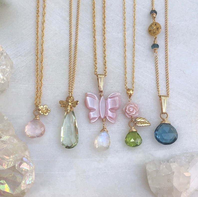 14kt Gold Filled Carved Mother of Pearl Rose Necklace with Peridot Gemstone Drop and Gold Leaf Charm