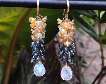 Genuine Opal and London Blue Topaz Cluster Earrings with Moonstone Briolettes - 14kt Gold Filled