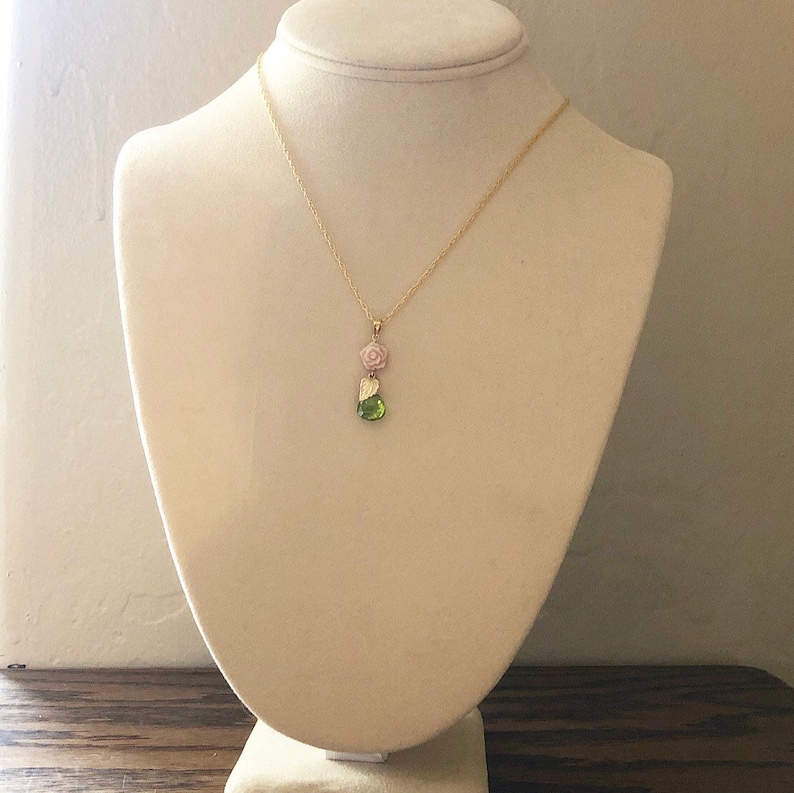 14kt Gold Filled Carved Mother of Pearl Rose Necklace with Peridot Gemstone Drop and Gold Leaf Charm