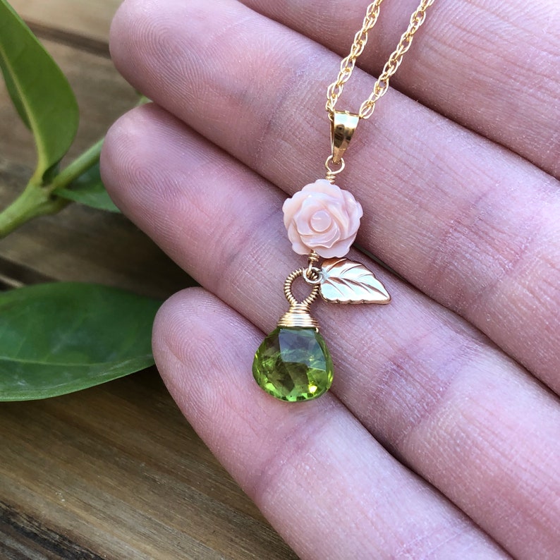 14kt Gold Filled Carved Mother of Pearl Rose Necklace with Peridot Gemstone Drop and Gold Leaf Charm