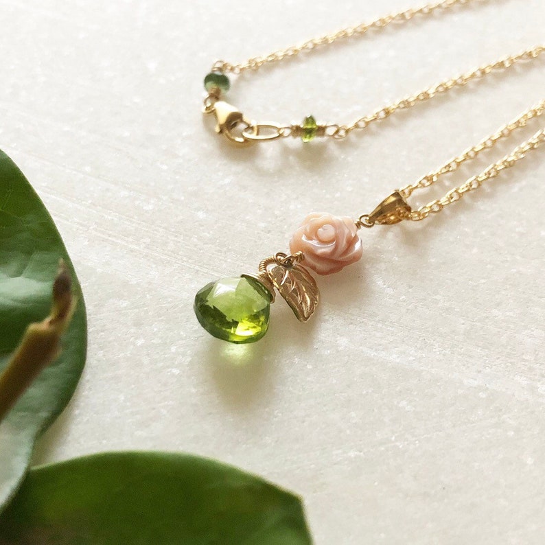 14kt Gold Filled Carved Mother of Pearl Rose Necklace with Peridot Gemstone Drop and Gold Leaf Charm