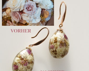 Brautstrauß Schmuck, Erinnerung Ohrringe aus Blumen, Hochteitschmuck, Ohrringe mit goldene Umrandung, Erinnerungsschmuck, Hochzeitschmuck,