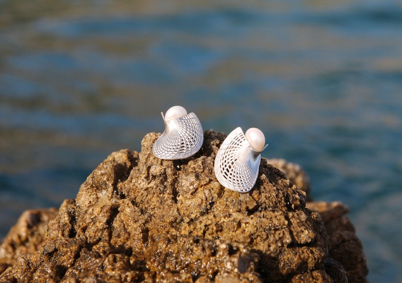 Pearl earrings, silver earrings with pearls, silver studs, pearl studs, fancy earrings, modern stud earrings, shell earrings image 1