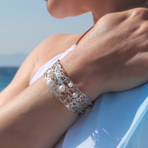 Silver bangles, mesh structure cuff, silver bracelet, beaded bracelet, silver arms with beads, modern wrist jewelry