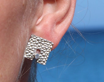 Silver earrings, silver stud earrings, cubic zirconia earrings, modern stud earrings, ray leather studs, ray leather embossing studs