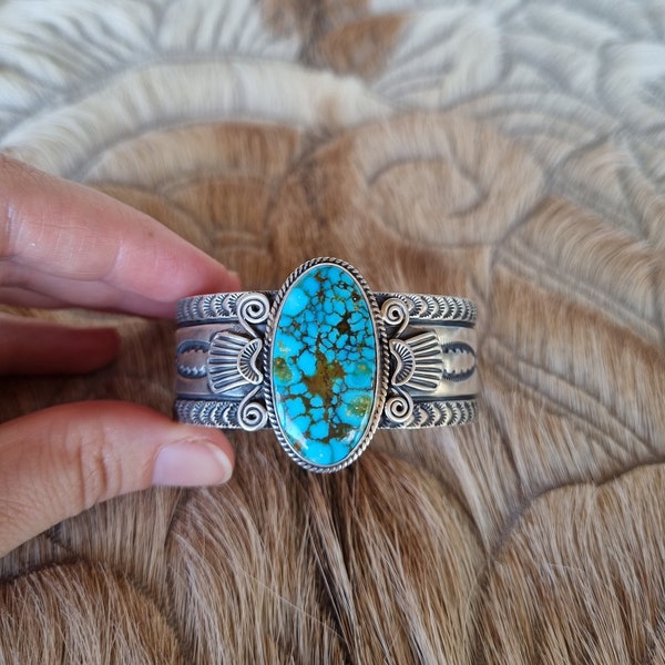 Native American Sterling Silver and Kingman Turquoise Cuff by Navajo Artist Donovan Cadman