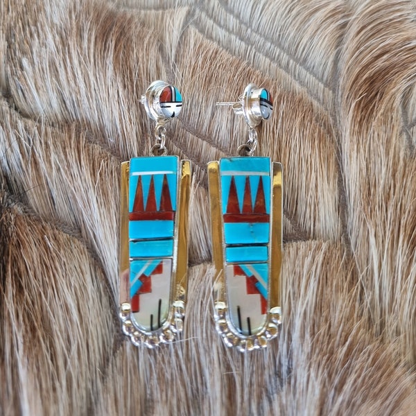 Native American Sterling Silver Inlay Earrings by Zuni Artist Raylan and Patty Edaakie