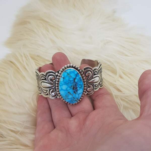 Native American Sterling Silver and Kingman Turquoise Cuff by Navajo Artist Arnold Blackgoat