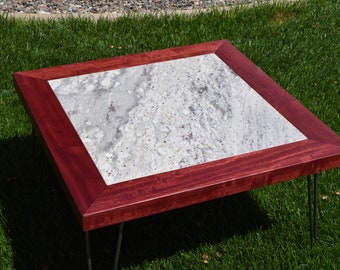 Purpleheart and Marble Coffee Table with Hairpin Legs