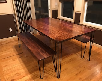 Hardwood Dining Table Set with Benches and Hairpin Legs