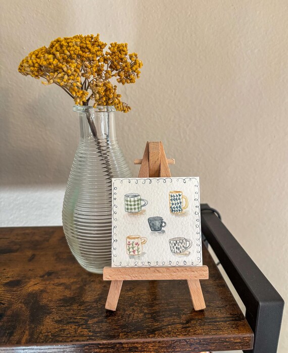 Miniature Watercolor Mugs Painting: Coffee Bar Decor with Easel