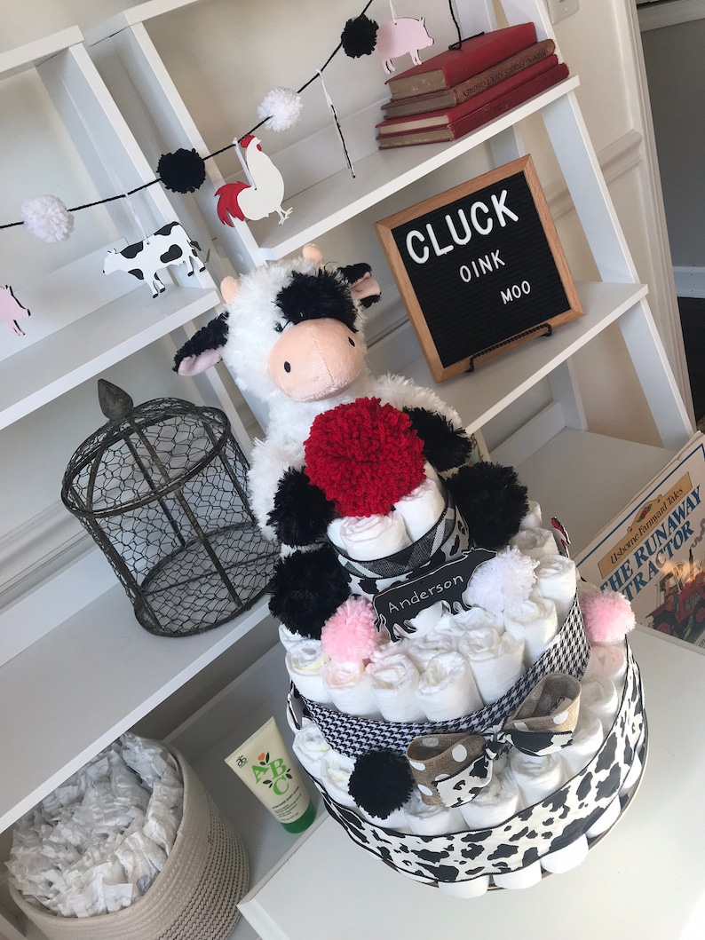 Farm Theme Diaper Cake Cow Baby Shower Centerpiece Cow Themed Diaper Cake