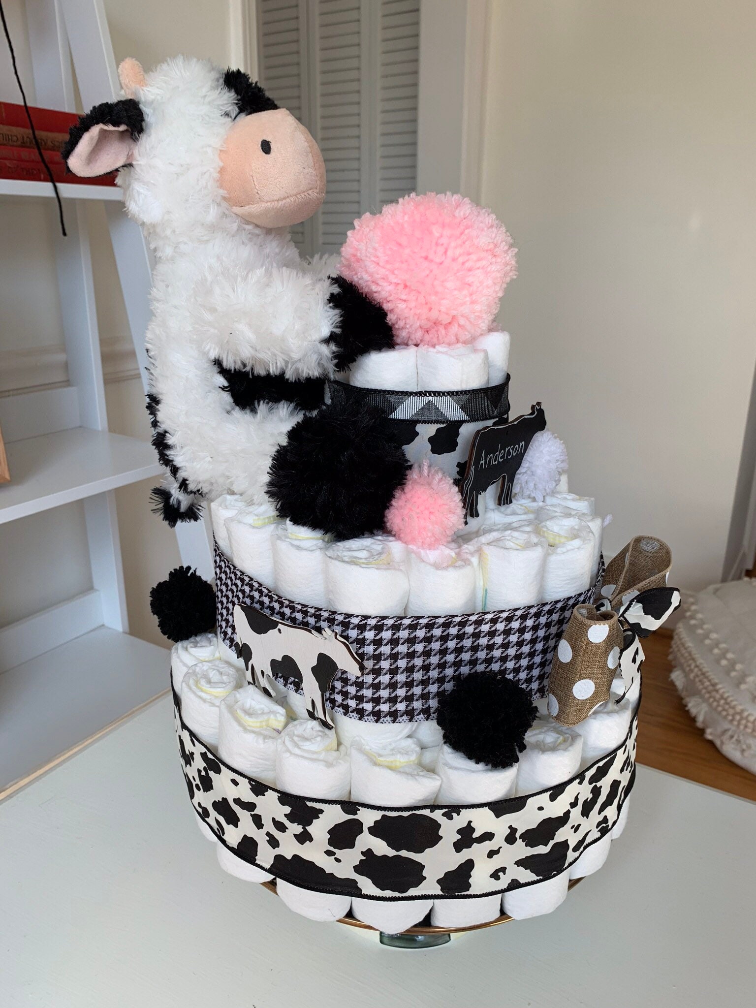 Cow Themed Diaper Cake Cow Baby Shower Centerpiece Farm Etsy
