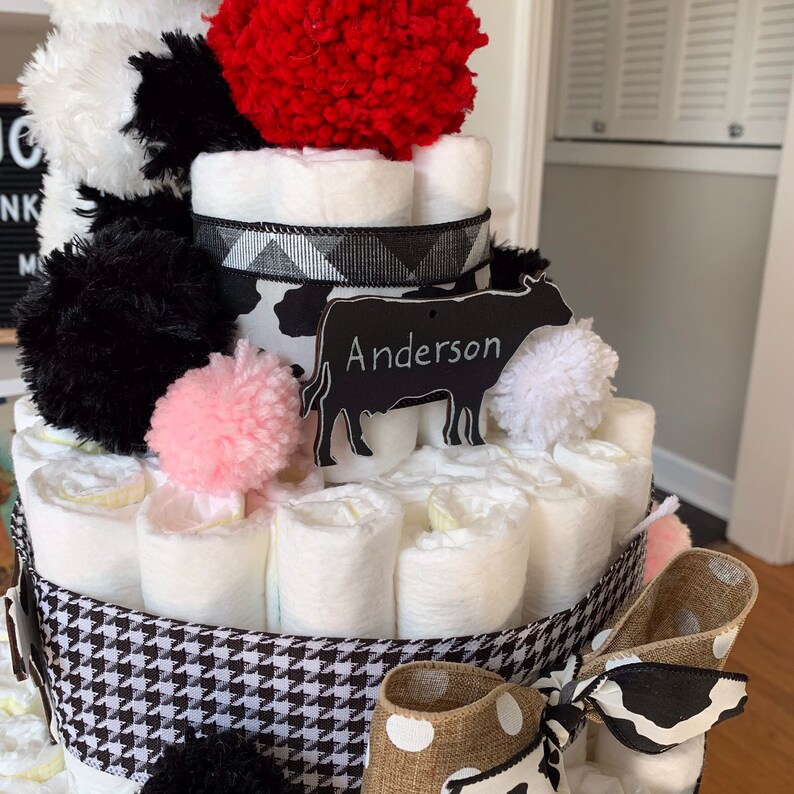 Farm Theme Diaper Cake Cow Baby Shower Centerpiece Cow Themed Diaper Cake