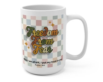 Christian Faith Mug for Fall, Retro Religious Fall Coffee Cup, 70s Style Fall Colors Coffee Mug. Freedom From Fear Christian Tea Cup for Her