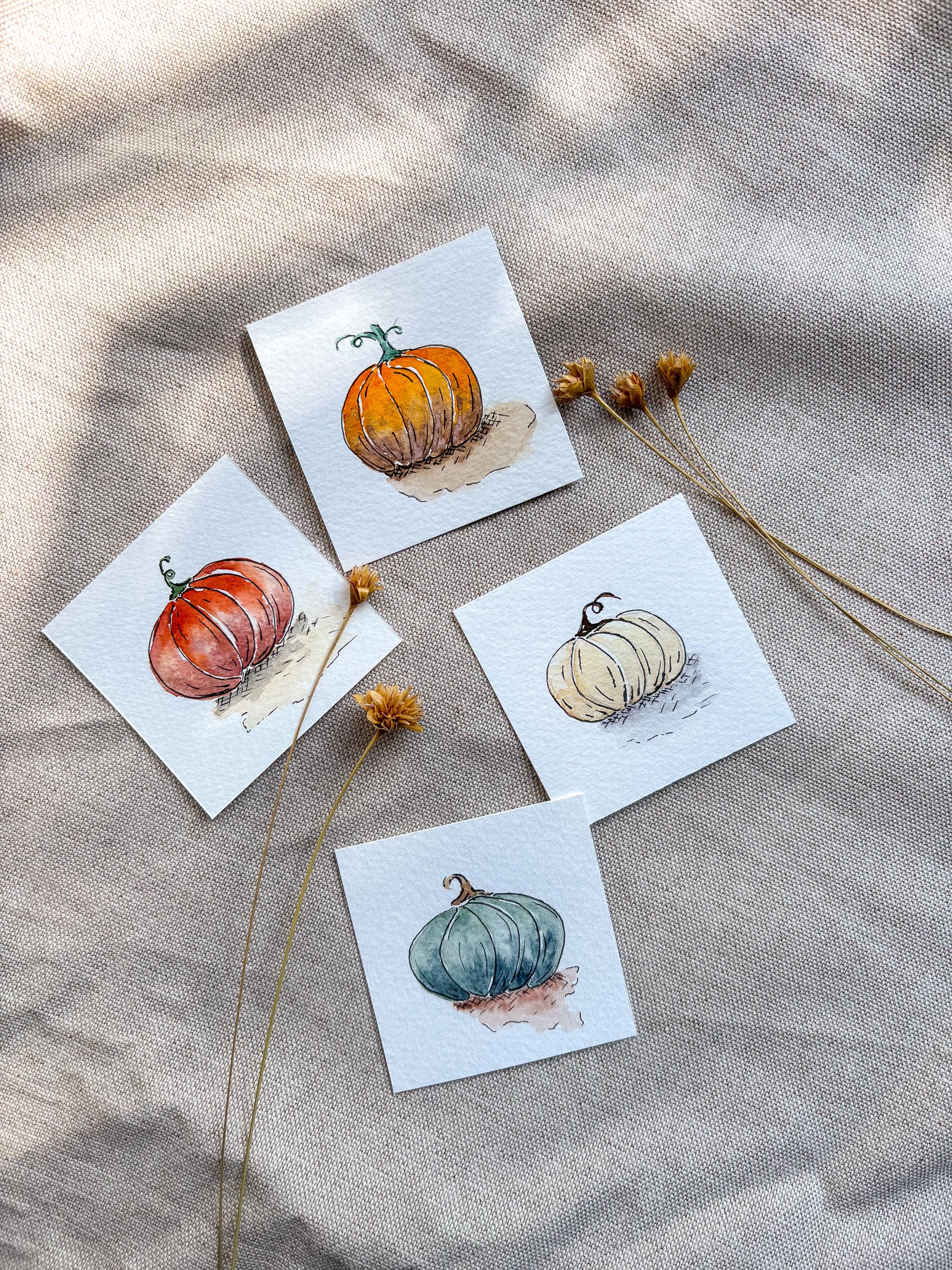 ミニチュア水彩画のかぼちゃ（イーゼル付き）：秋のインテリア - Etsy 日本