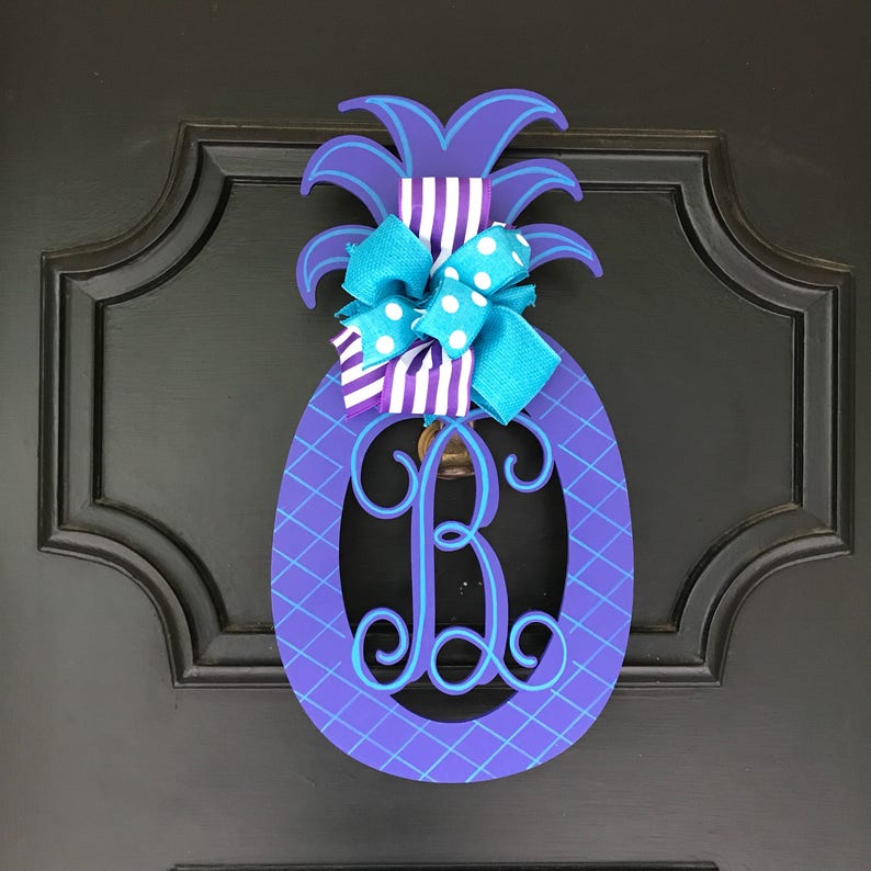 Purple Pineapple Monogram Door Hanger Tropical Pineapple Decor Bright Purple Turquoise Pineapple Welcome Decor Pineapple Door Hanger