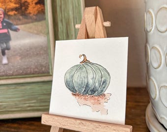 Miniature Watercolor Pumpkin Painting with Easel: Fall Decor
