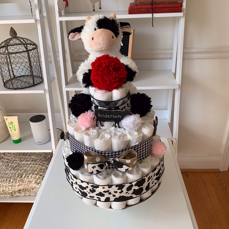 Farm Theme Diaper Cake Cow Baby Shower Centerpiece Cow Themed Diaper Cake