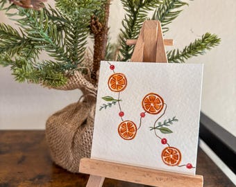 Miniature Watercolor Orange Garland Painting with Easel: Christmas Decor