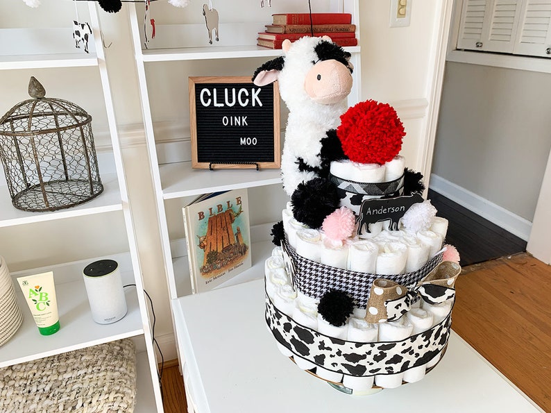 Farm Theme Diaper Cake Cow Baby Shower Centerpiece Cow Themed Diaper Cake
