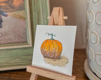 Miniature Watercolor Pumpkin Painting with Easel: Fall Decor