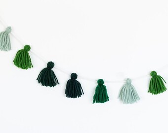 Forest Greens Mini Tassel Garland Ombre Yarn Garland, Kids Nursery Room Wall Decor, Party Decoration, Emerald Mint Green, Wild One Birthday