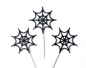 12 Spooky Spider Web Cupcake Toppers Flags, Food Labels, Glitter Flag Favor Party Pick, Fall Party Decor, Fall Baby Shower, Birthday Party