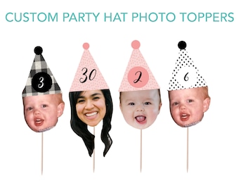 12 Party Hat Photo Cupcake Toppers Birthday, 30th birthday Cupcake Topper Food Pick Label | Photo Face Cutout with Party Hat | Custom Age