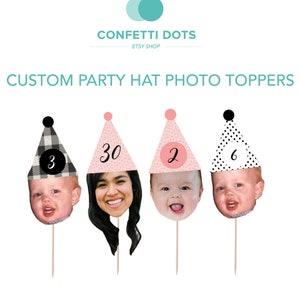 12 Party Hat Photo Cupcake Toppers Birthday, 30th birthday Cupcake Topper Food Pick Label | Photo Face Cutout with Party Hat | Custom Age