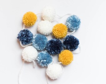 Blue Yellow Pom Pom Garland | Pom Pom Garland, Navy Blue Nursery Garland, Baby Room Garland, Navy Blue Yellow Nursery, Baby Boy Bedroom